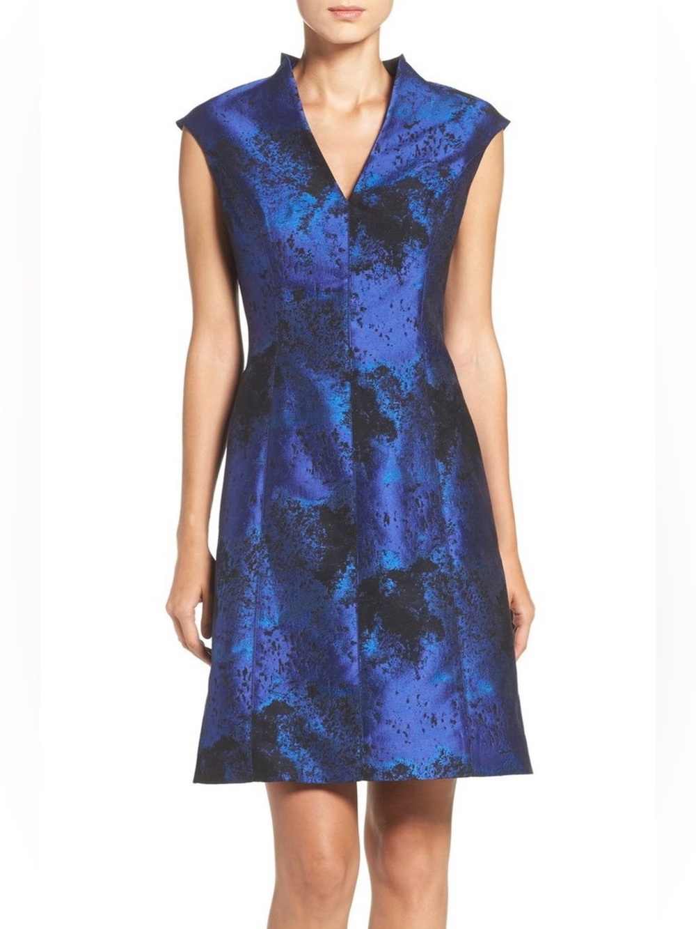Maggie London Petites Elegant Blue & Black V-Neck Fit & Flare Jacquard Dress, 2P